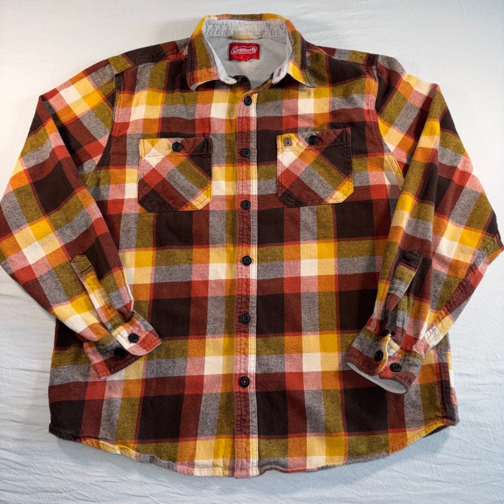 Coleman Mens Large Plaid Flannel Button Down Shirt Fall Orange Yellow Brown